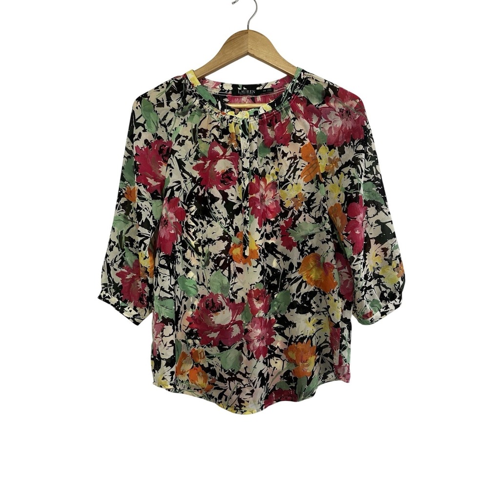 Lauren Ralph Lauren Chiffon Floral Print Button Up Blouse Shirt PM Cottagecore